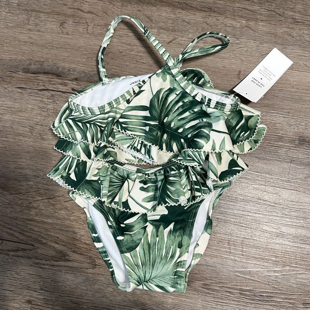 NWT Janie and Jack Girls 18-24 Months Swimsuit Palm Ruffle Halter 2-Piece Green